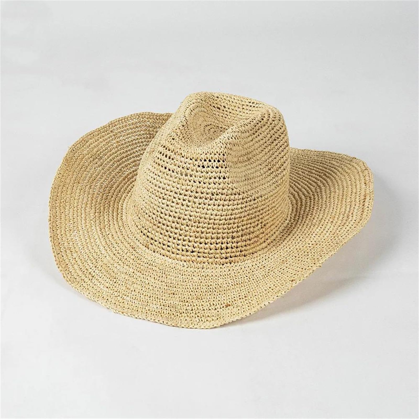 Sombrero de vaquero de rafia de ganchillo informal para primavera y verano para mujer, con ala rizada, sombrero de paja para el sol