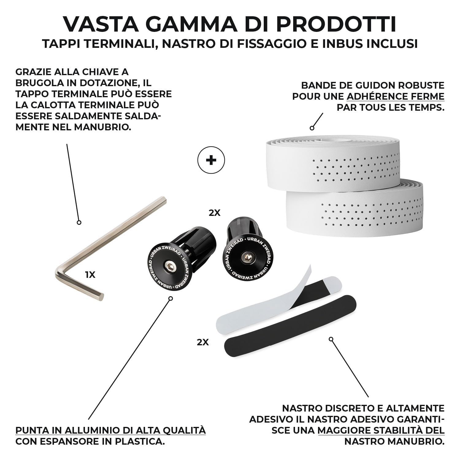URBAN ZWEIRAD - Nastro per manubrio bicicletta da corsa Extra Dry, bianco, nastro autoadesivo con terminali per manubrio in alluminio, nastro per manubrio bici da corsa, bici da gravel