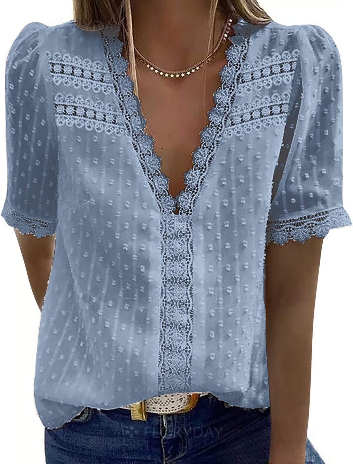 Heevina Lace Shirt for Women V Neck Solid Color Puff Short Sleeve Blouse Elegant Business Shirts Summer Casual Tops
