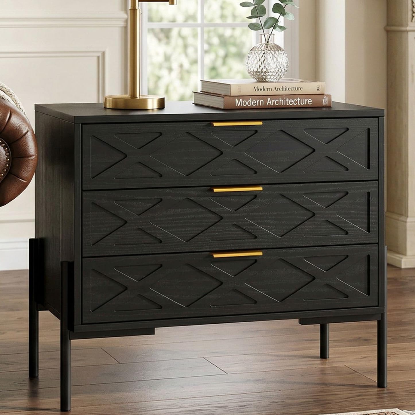 31.5" Wide Black Night Stand, Bed Side Tables with 3 Storage Drawers for Bedroom, Large Mid-Century Modern Nightstand with Metal Handle, Vintage End Side Table for Living Room, Bedroom