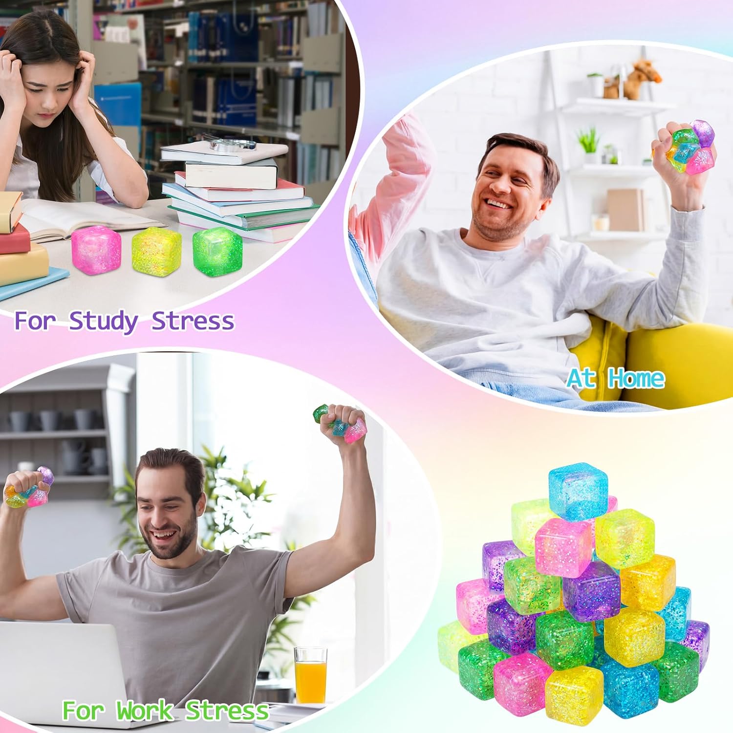 42 Pcs Glitter Stress Cube Ice Cube Stress Ball Colorful Square Mini Squeeze Sensory Balls Bulk for Anxiety Relief Party Favors Bag Stuffers