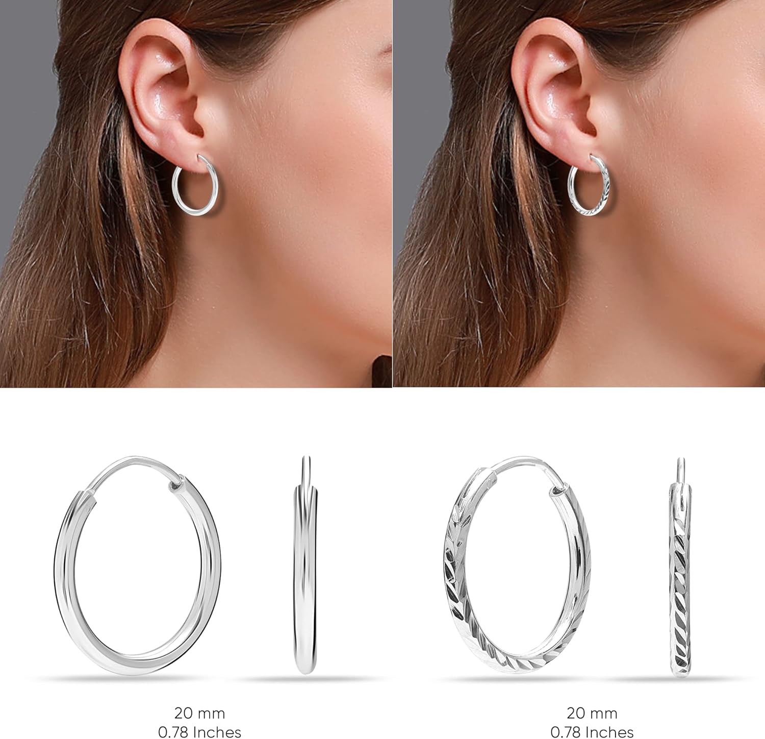 LeCalla 925 Sterling Silver Set of Hoop Earrings Two-Tone Diamond-cut Classic Sleeper Endless Hoops Earring for Women