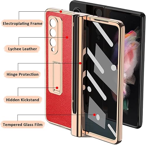 Miniatura 10 de Miimall Funda compatible con Samsung Galaxy Z Fold 3 con soporte para bolígrafo, patrón de cuero, protector de pantalla de vidrio templado+bisagra