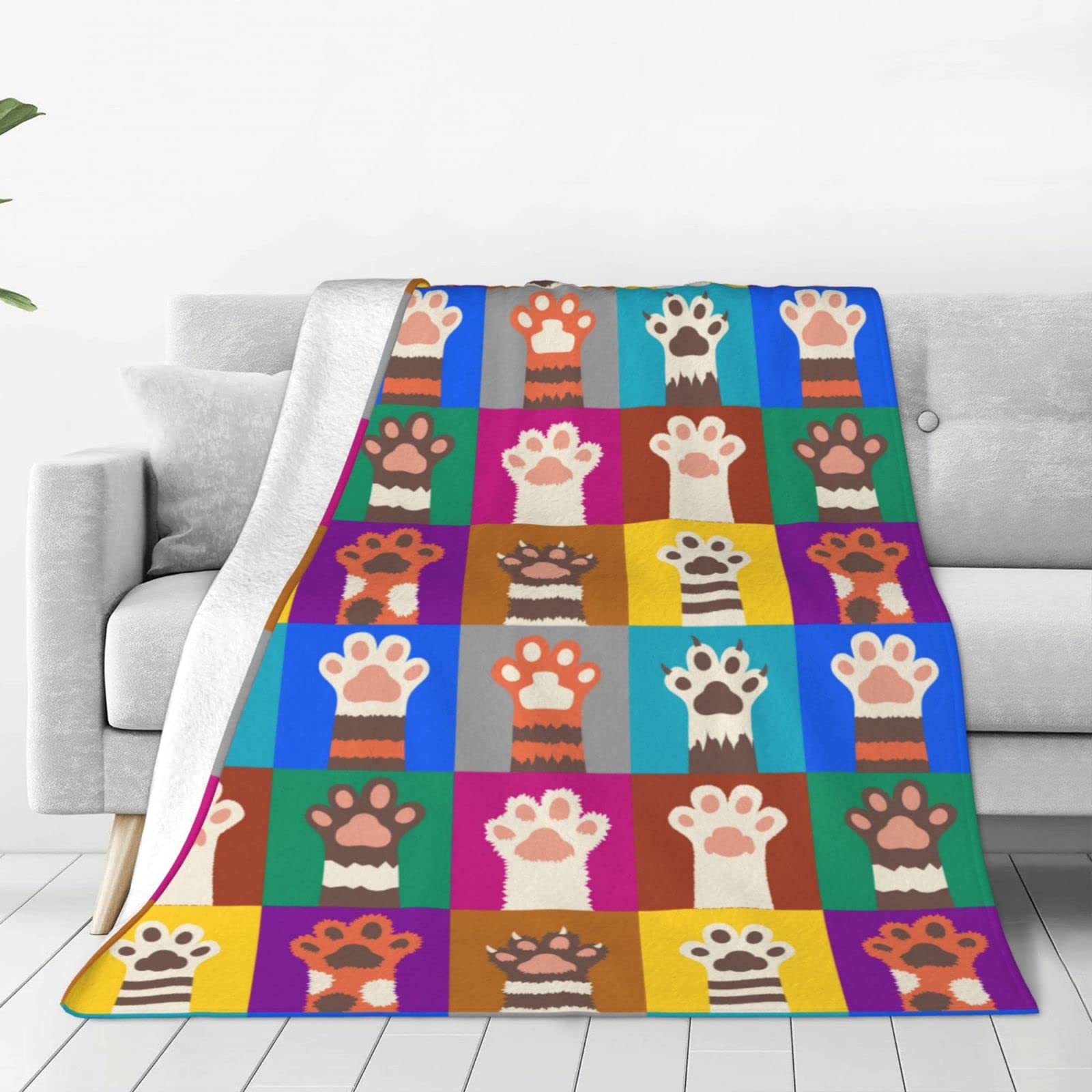 Divertente coperta colorata con zampe di gatto per letto, divano, plaid arcobaleno con zampa di animale, coperta in pile leggera e morbida e accogliente, 127 x 101,6 cm