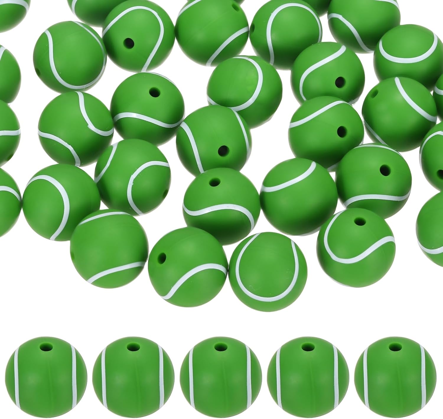 35-Pack Sports Ball Beads 15mm Green Round Loose Rubber Tennis Beads Silicone Craft Smooth Sports Ball Small Hole with 2mm for DIY Crafts/Bracelet/Necklace