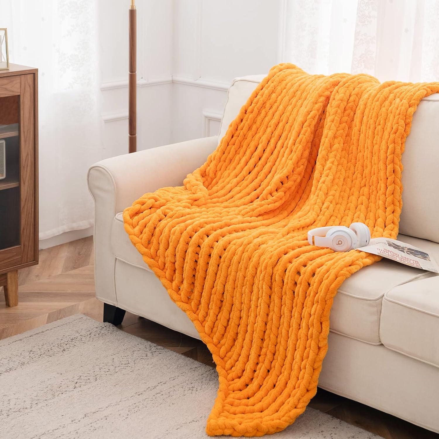 Weighted Idea Chunky Knit Blanket Throw 48''X 72'' -100% Handmade Chenille Yarn Cable Knitted Blanket Super Warm Soft Cozy for Sofa Couch Bed Home Decor (Orange,Twin Size)