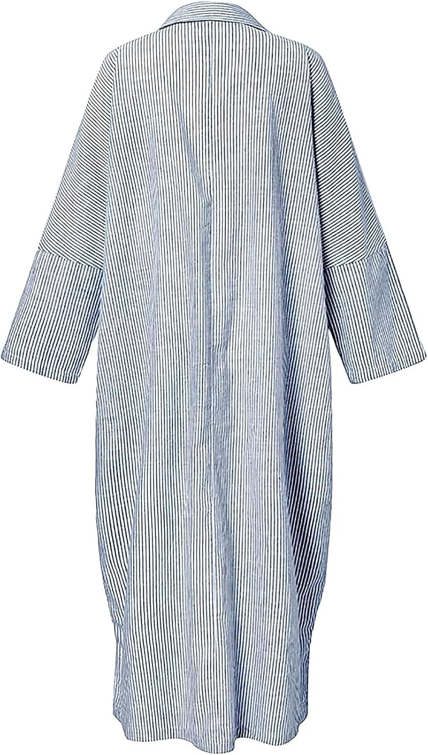 ebossy Women's Casual Stripes Buttoned Long Sleeve Oversized Loose Fit Maxi Shirt Dress Plus Size - Image 3