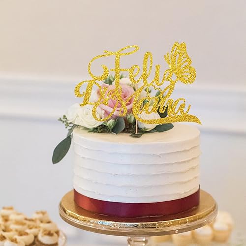 Miniatura 3 de Decoración de pastel dorado de Feliz Dia Mama para decoración de fiesta del día de la madre, letrero de mariposa dorado con purpurina dorada Feliz
