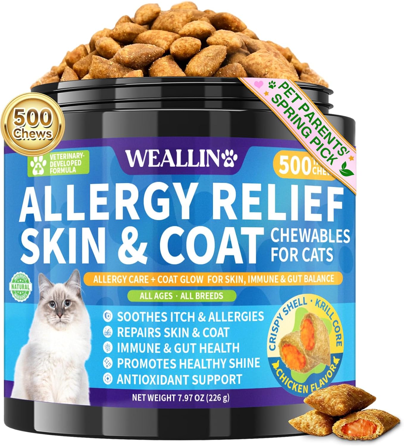 Cat Allergy Relief Chews, 500 Crunchy & Krill Core with Omega-3 Probiotic for Cats, Immunity Supports Seasonal Itching Paw Licking & Scratching Itchy Skin & Coat Support for All Breeds Chicken Flavor