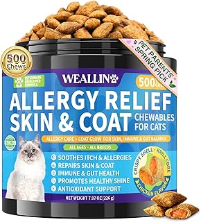 Cat Allergy Relief Chews, 500 Crunchy & Krill Core with Omega-3 Probiotic for Cats, Immunity Supports Seasonal Itching Paw Licking & Scratching Itchy Skin & Coat Support for All Breeds Chicken Flavor