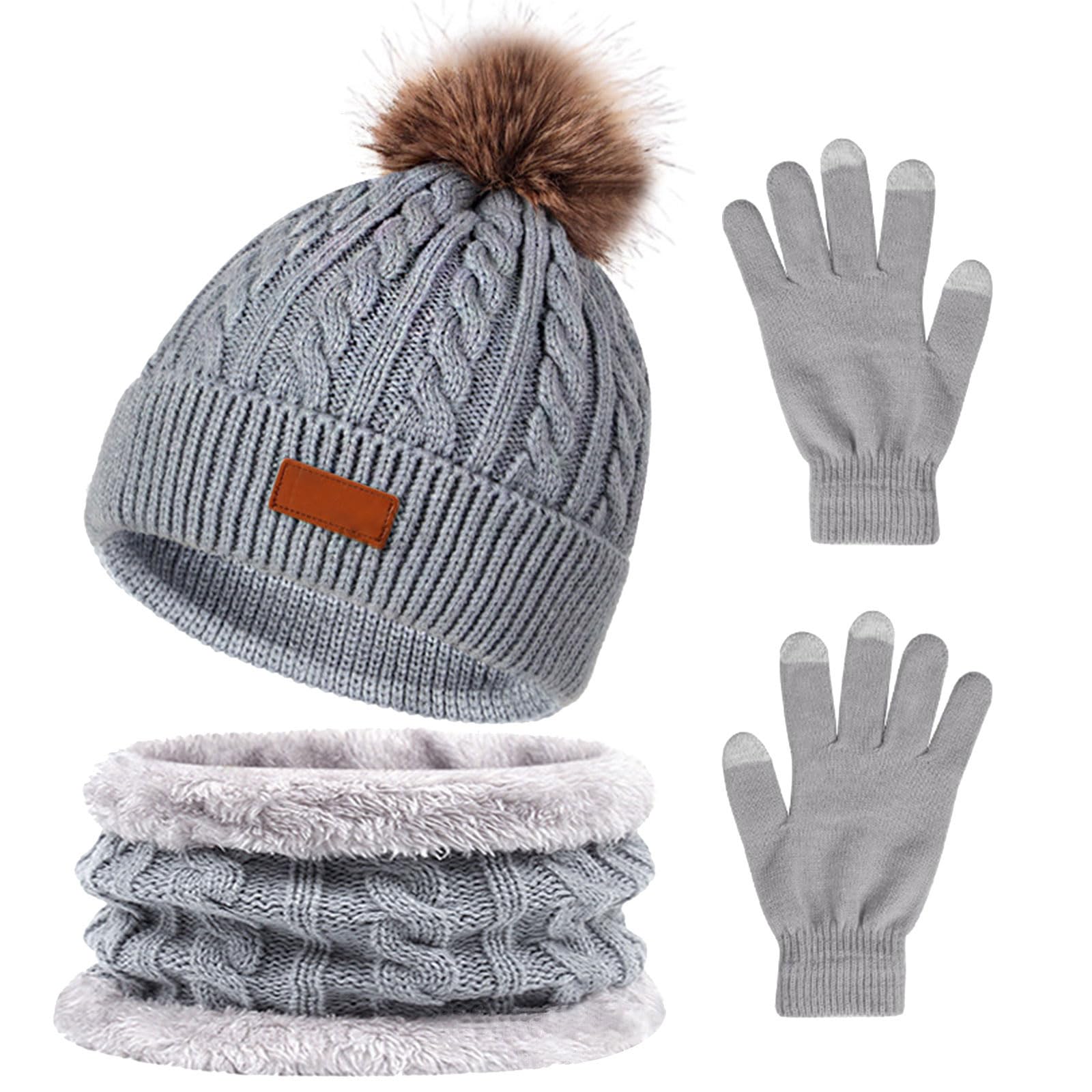 Jebyltd Unisex Gray Winter Knitted Hat Scarf Glove Set Teenager Hat Warm Plush Scarves For Adults Warm Wool Accessory