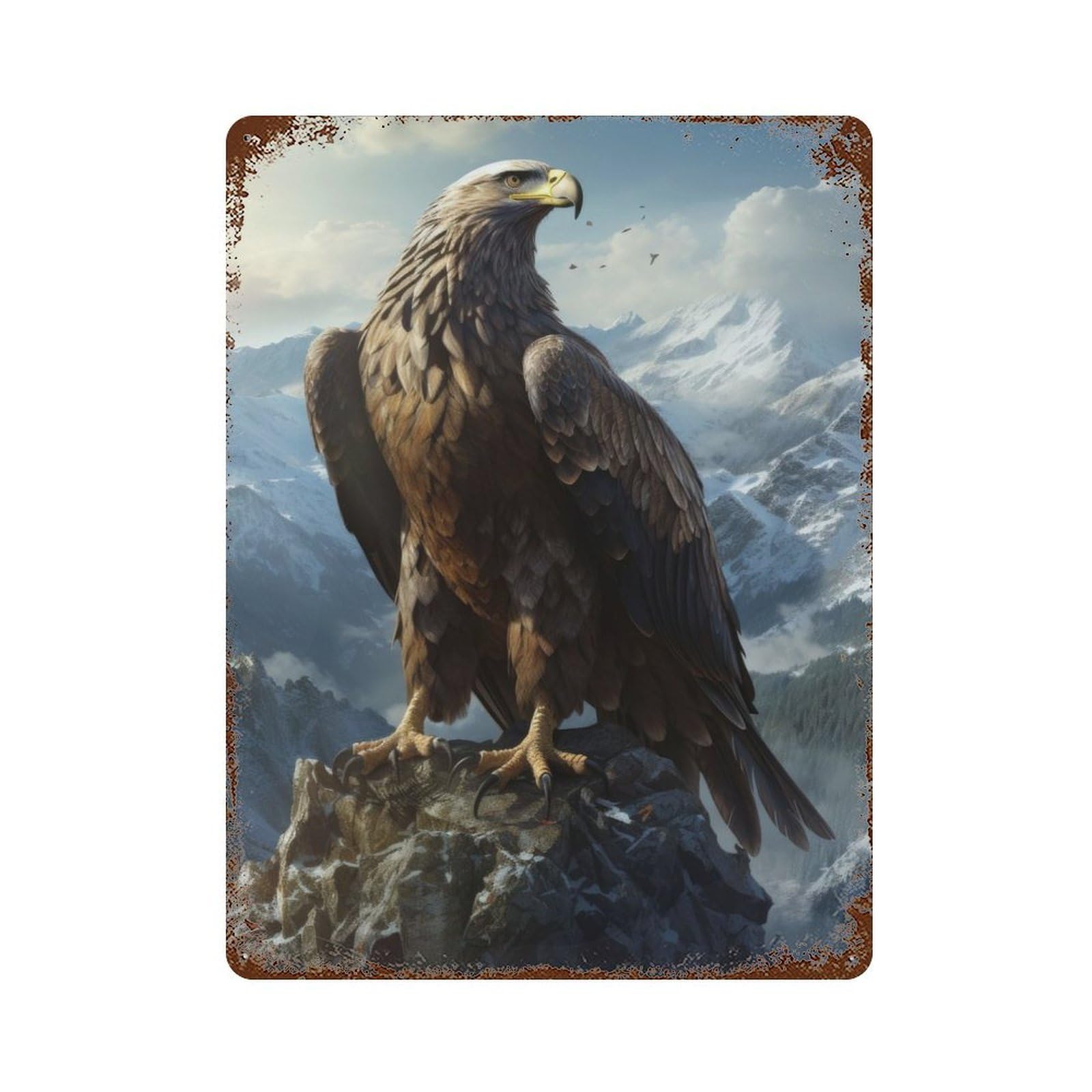 Garage Style Eagle On Mountain Top Rust Effect Tin Sign 15.7"x11.8", Classic Wall Plaque for Bar And Workshop