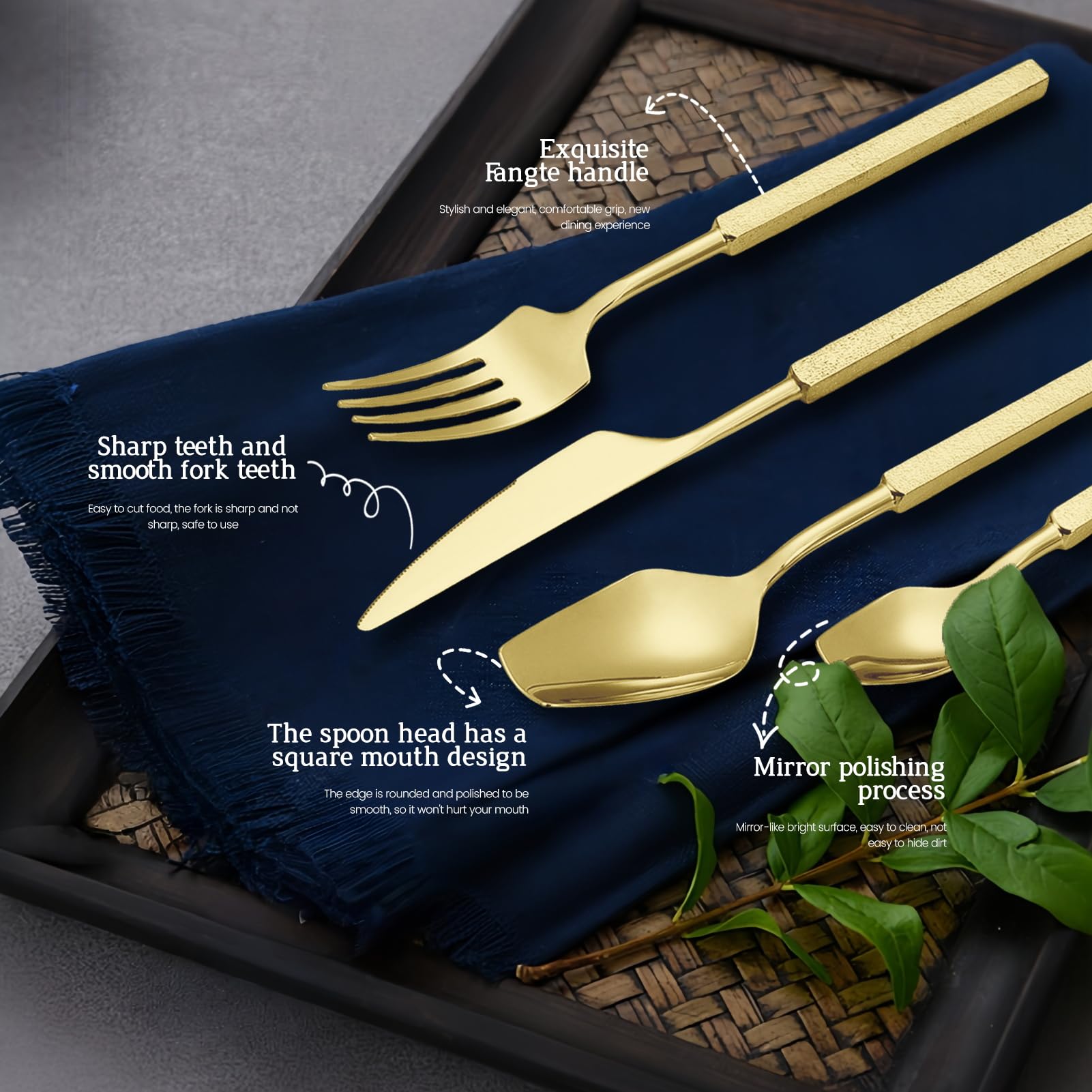 Besteckset Besteck Set 18/10 Edelstahl, Quadratischer Griff, Spiegel Poliert, Elegant Langlebig Geschirr Für Zuhause, Hotel, Restaurant, Neues Haus (Gold,24pcs)