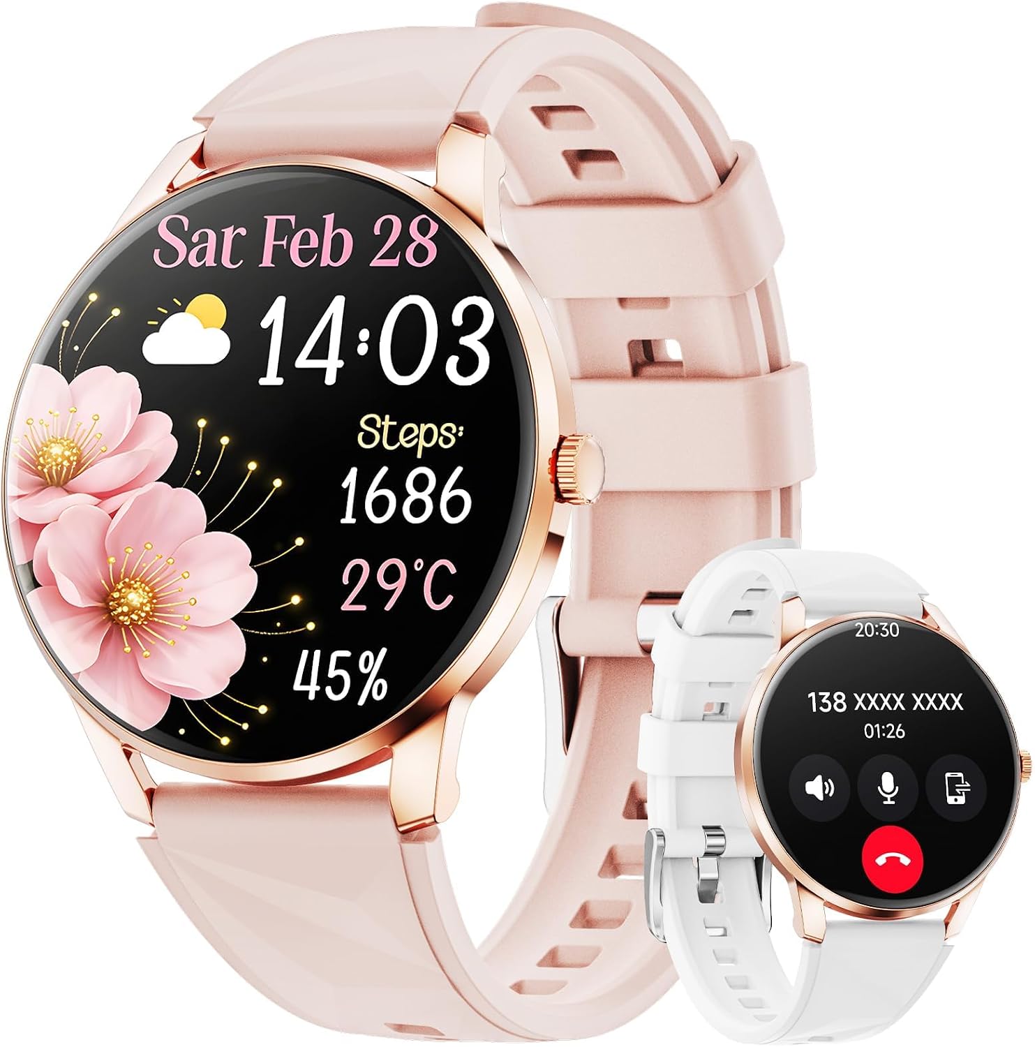 Smart Watch for Women, Bluetooth Call, 1.32" AMOLED, 2Bands | Make/Answer calls, heart rate/SpO2/sleep tracking, IP68 Waterproof, 110+ sports modes for Android iOS