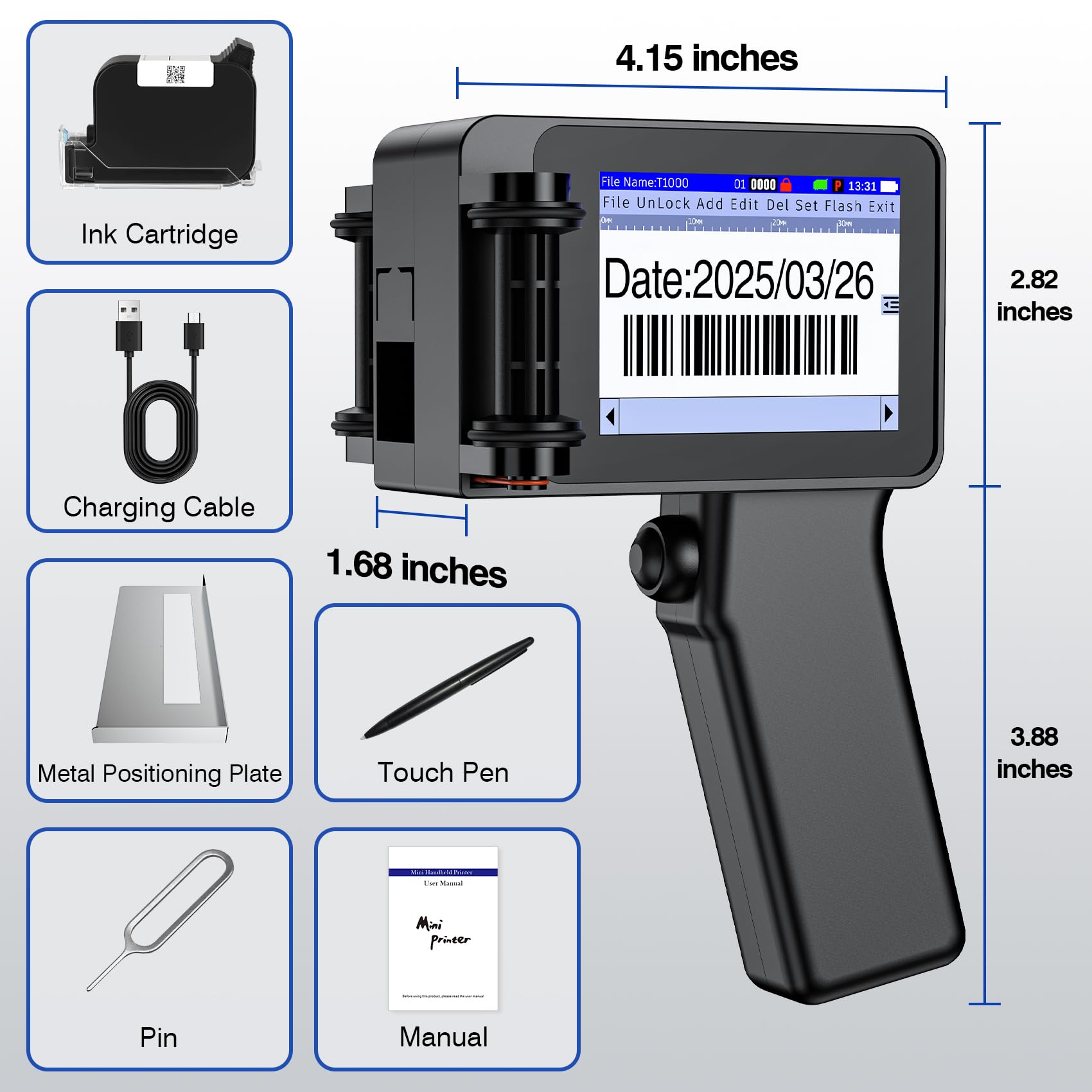 Imprimante à Jet d'encre Portable TH10 Mini 42ml Séchage Rapide Hauteur 2-12,7mm Codage Texte Date QR Code