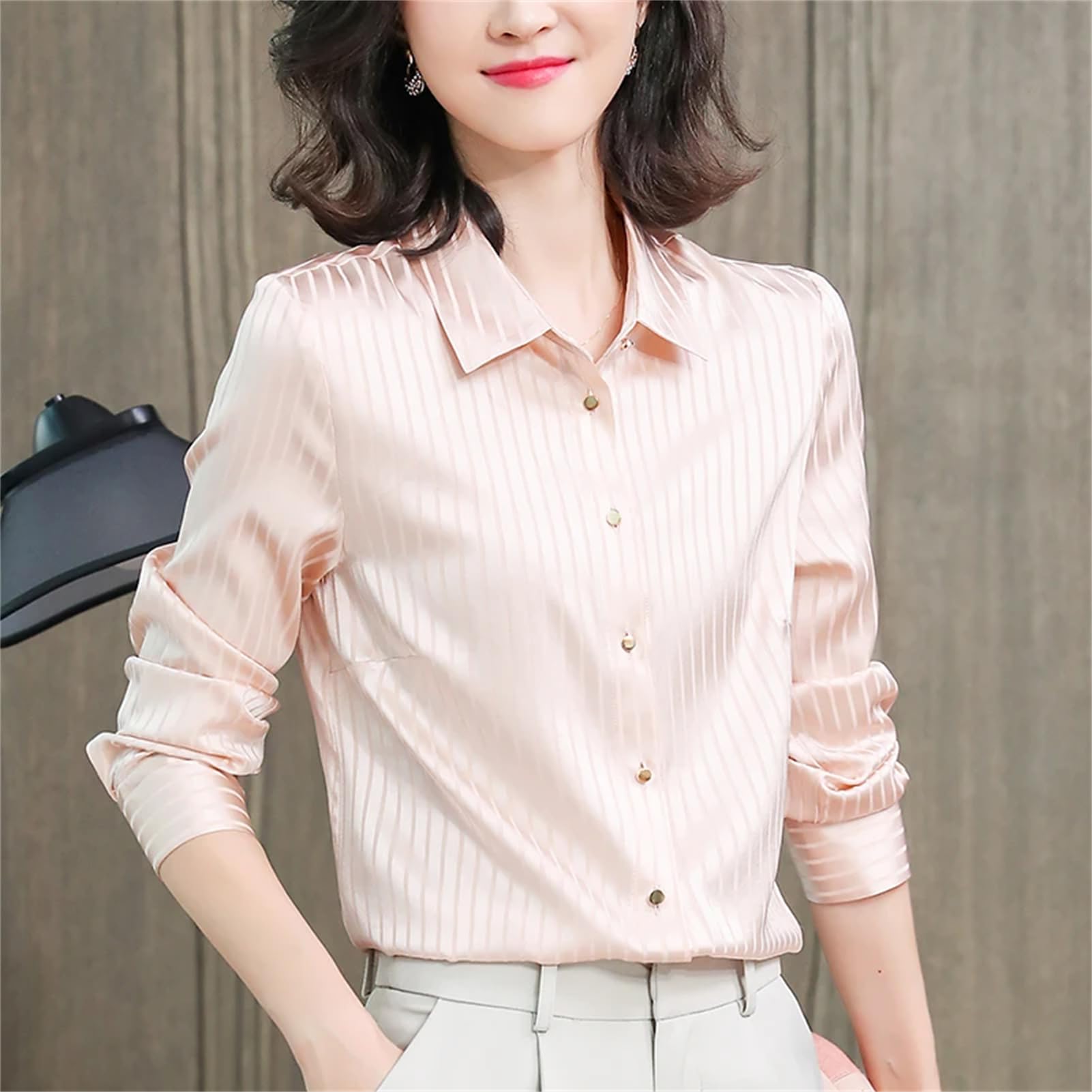 Blusa básica de satén de seda para mujer, cuello vuelto, manga larga, blusa a rayas