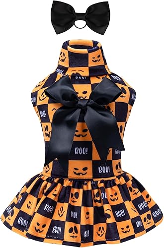 CuteBone Vestido de terciopelo para perro de cuello alto, falda de cachorro, disfraz de falda para mascotas, ropa para gatos con lazo para el pelo