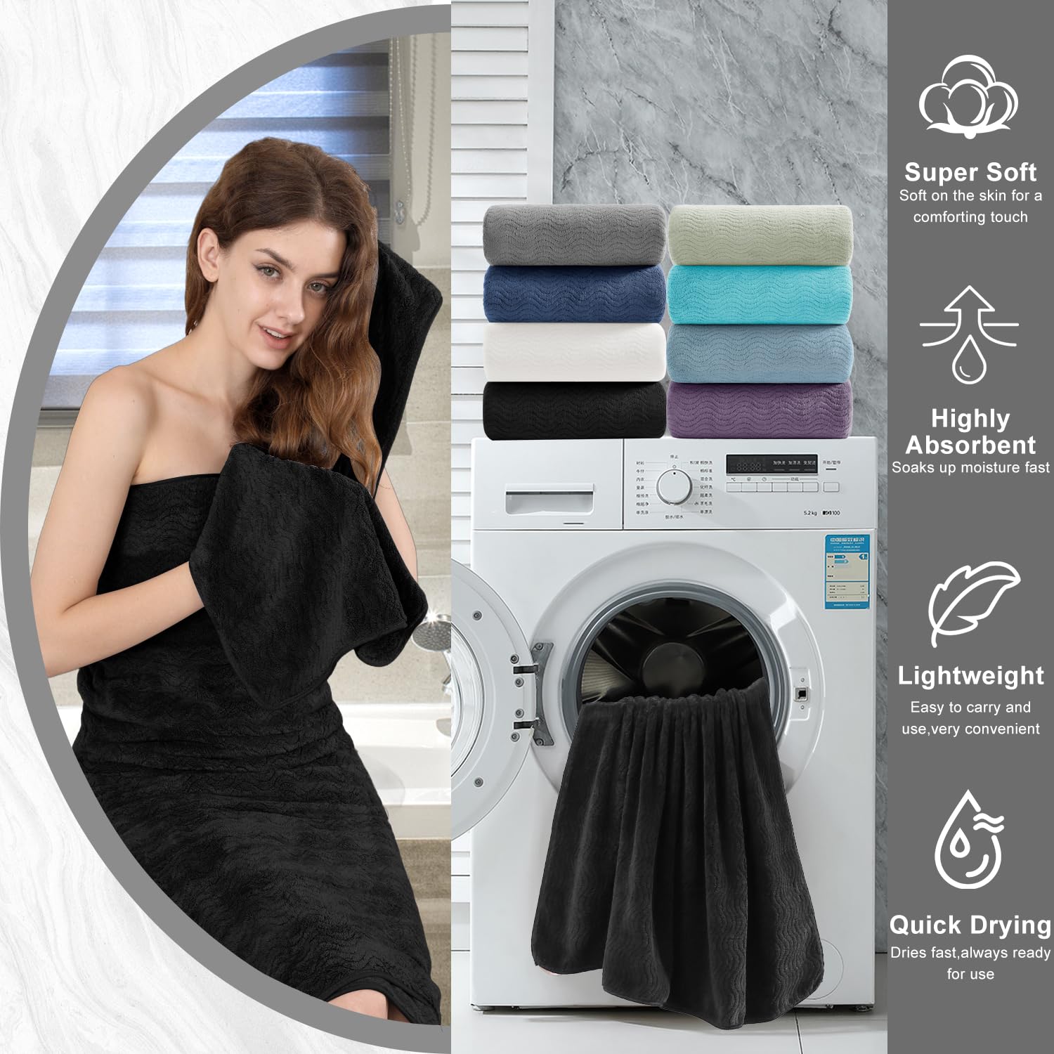 Juego de 4 Toallas de baño de Gran tamaño de 35 x 70 Pulgadas, Color Negro, Toallas de baño extragrandes, Altamente absorbentes, de Secado rápido, para baño, SPA, Gimnasio, Hotel, Toalla de Ducha de