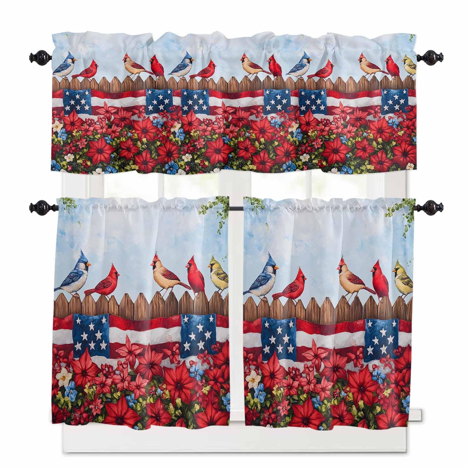 4th of July Kitchen Curtains 24 Inch Length,3 Piece Rod Pocket Small Half Tiers and Valance Set,Star Stripe Vintage Red Blue Patriotic Flower Small Large Window Treatment Decor for Bedroom/Bathroom