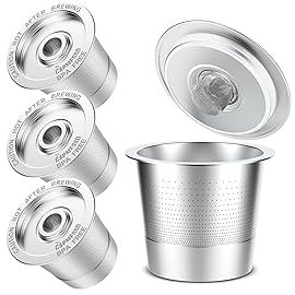 CAPMESSO Reusable Coffee Pods for Keurig 1.0: 4 Stainless Steel Refillable K-Cups with 12 Gaskets - Universal Compatibility, Eco-Friendly, Silver