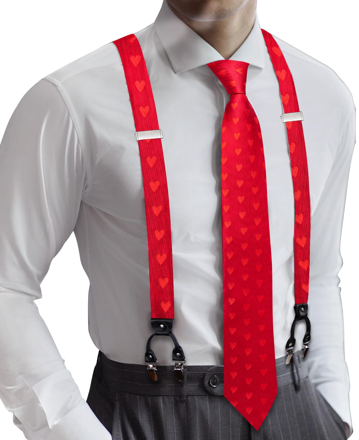 Barry.Wang Men Suspender Tie Sets Elastic Heavy 6 Clips Hanky Cufflink 5PCS | Classic Suspender Set for Man Necktie Y Type Adjustable Heavy Duty 6 Clips Braces Pocket Square Cufflinks Party