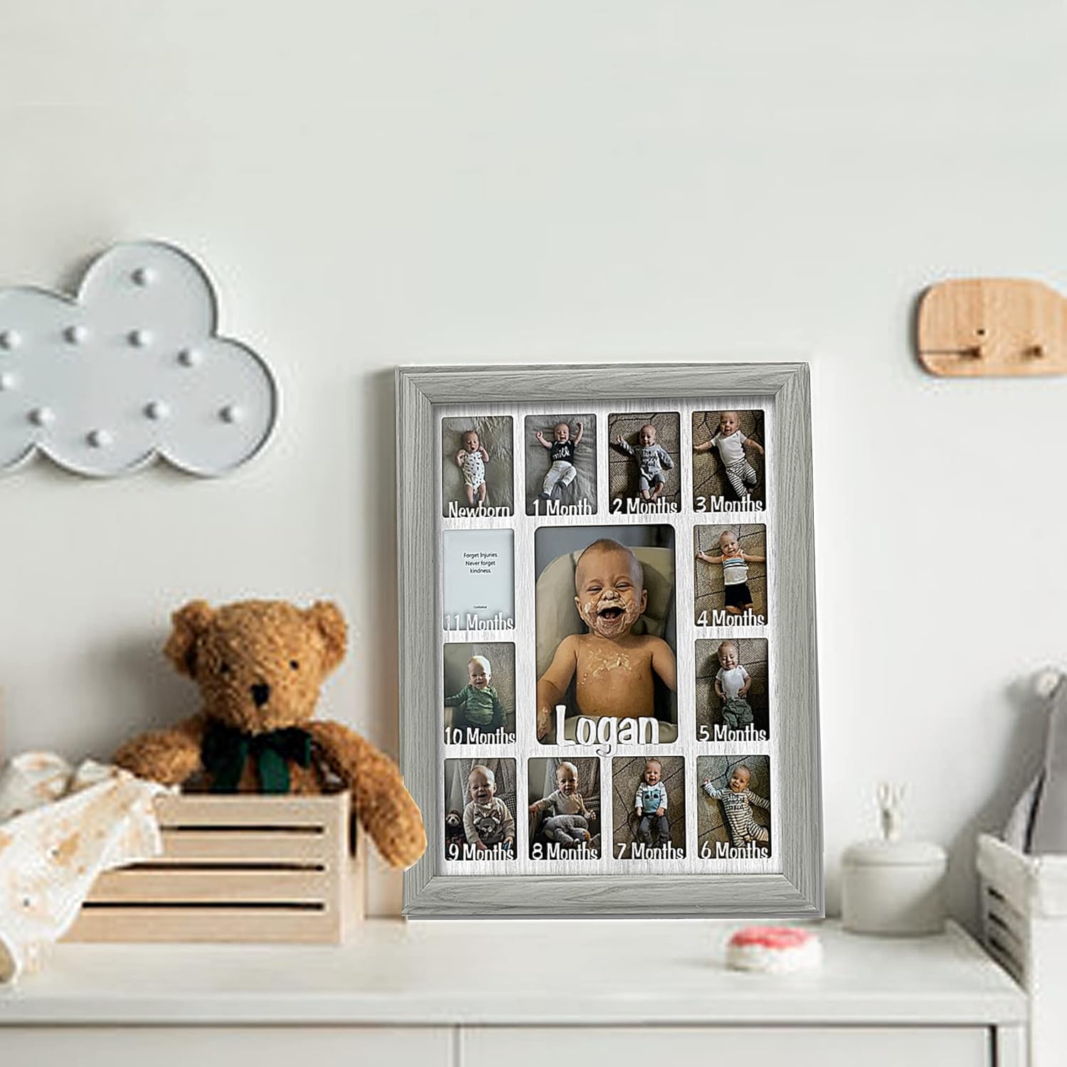 Northland My First Year Photo Frame | Personalized - Add Any Name | 12 Month Picture Frame for Babys First Year | Twelve 2.5" x 3.5" Newborn Photos and 5" x 7" | Milestone | Light Gray Frame and Mat