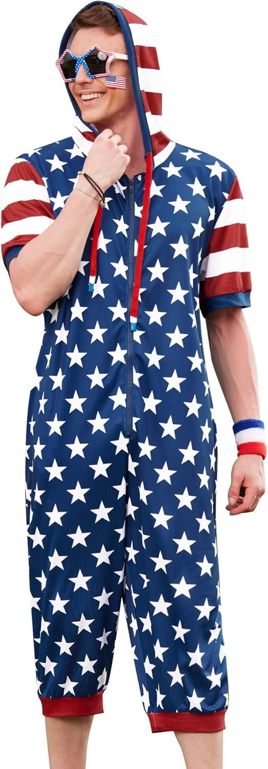 Mainfini Mens 4th of July Rompers American Flag Onesie Short Sleeve Zipper Outfits with Pockets (S-XXL)