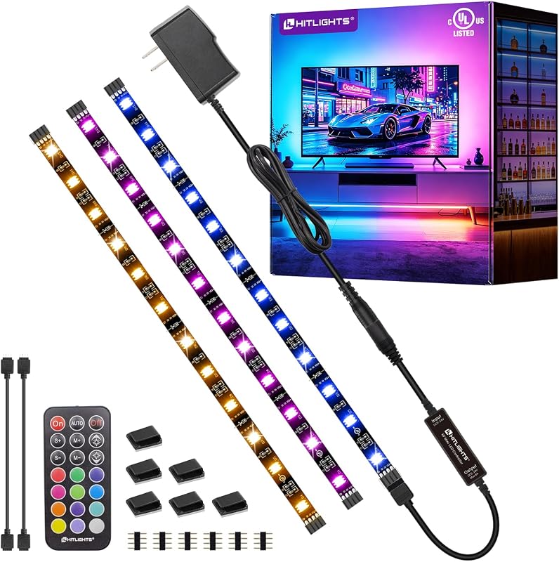 LED Strip Lights Kit, RGB Color Changing Tape Light Pre-Cut 3FT | UL Listed with RF Remote 12V Power Supply Connectors, Dimmable 12 Colors 19 Dynamic Modes for Cabinet Shelf Display Backlight