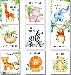 9 Pcs Baby Safari Nursery Decor Nursery Wall Decor 8 x 10 Inch Jungle Animal Wall Prints on Canvas Animal Pictures Cute Wall Art for Kids Room Bedroom Living Room, Unframed