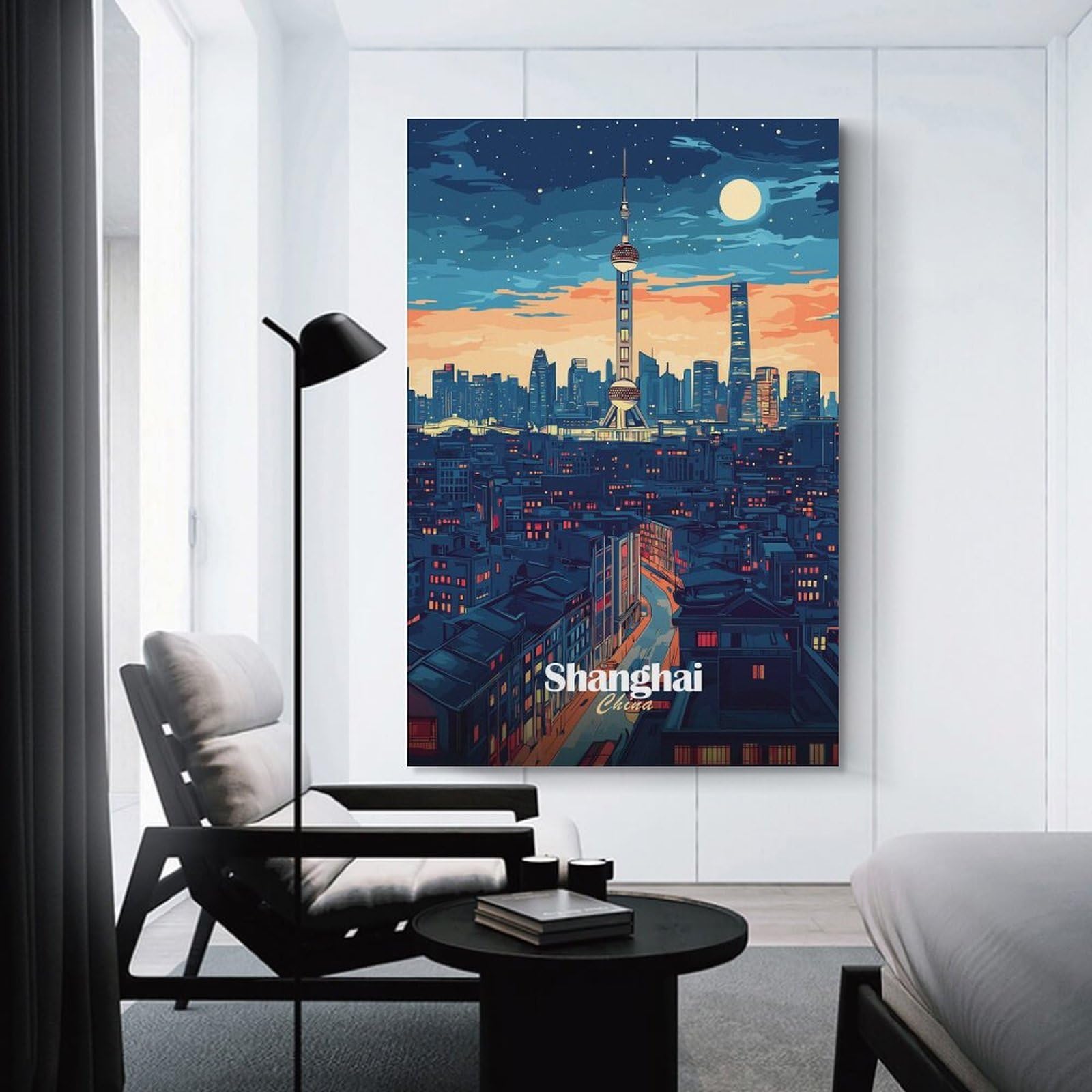 Junmoney Shanghai Skyline Night Decorative Wall Artwork 24x36inch(60x90cm), for Front Hall, Corridor Or Welcome Spaces, Decorative Wall Art for Narrow Spaces