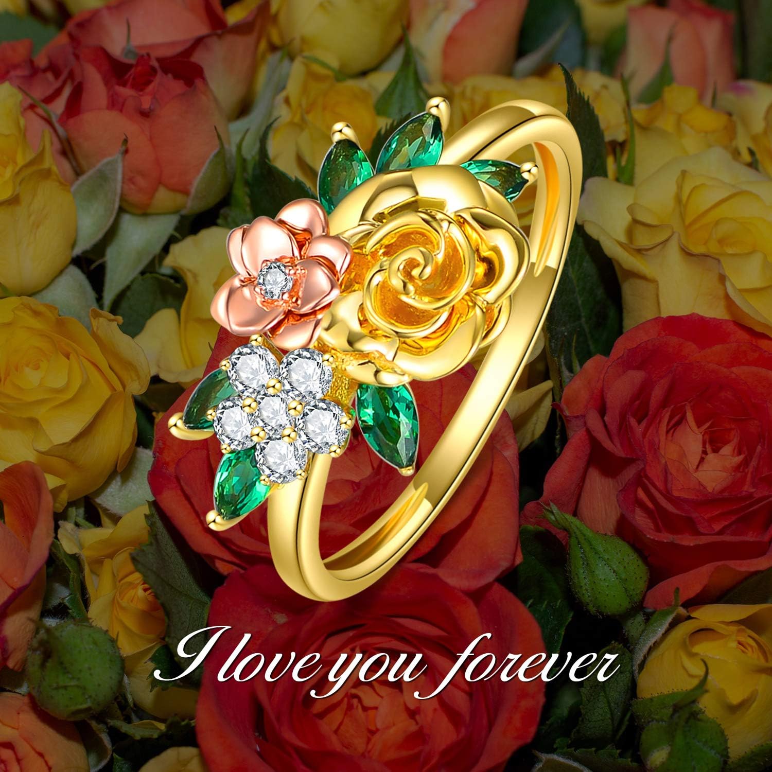 SISGEM 10K Real Gold Rose Flower Leaf Charming Rings for Women,Yellow/Rose Gold Inlaid Moissanite Three Flower Attractive Ring,Anniversary Birthday Gifts for Mom Wife Girlfriend