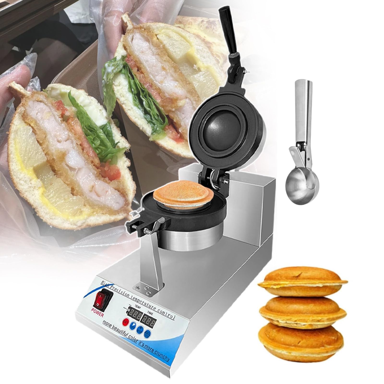 Prensa Comercial para Paninis De Helado con Placas Antiadherentes, 1200 W, Pantalla Digital Precisa, Temperatura De 0 A 299 °C. Control De Temperatura, Temporizador De 0 A 10 Minutos