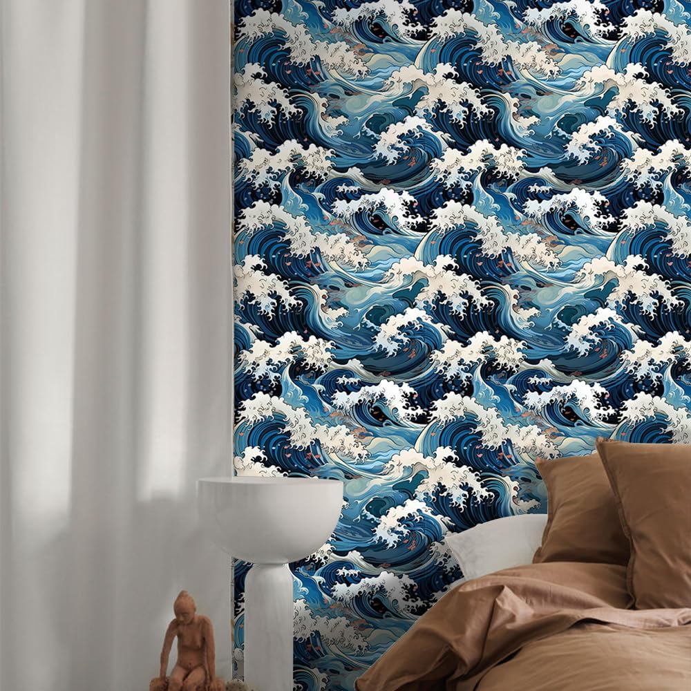 Vinatge Janpanese Sea Wave Blue/Yellow Mosaic Peel and Stick Wallpaper Self Adhesive Wall Paper for Kitchen Cabinet Renter Friendly 29sq.ft