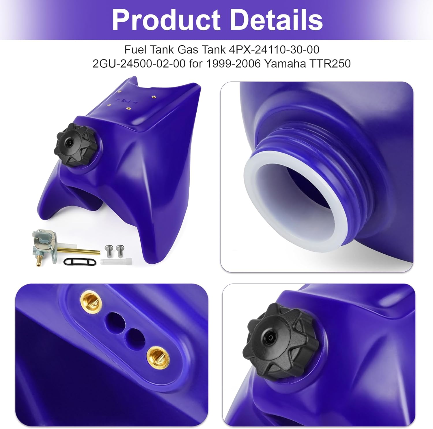 Fuel Tank Gas Tank 4PX-24110-30-00, 2GU-24500-02-00 Compatible with 1999-2006 Yamaha TTR250, Includes Gas Cap, Petcock