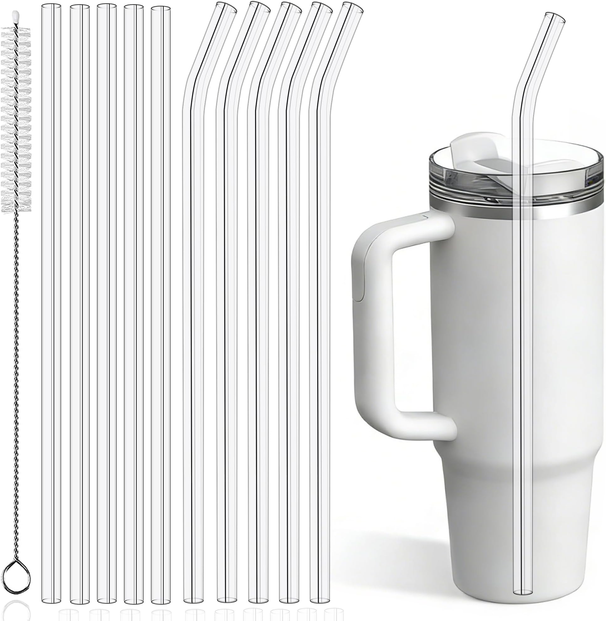 PROOCI 10-Pack 12" Replacement Straws for Stanley & Yeti 30oz-40oz Cup Tumbler, Food Grade Tritan Plastic Reusable Straws with Cleaning Brush, Clear Long Straw for Drinking Smoothie, Cocktails, Juice