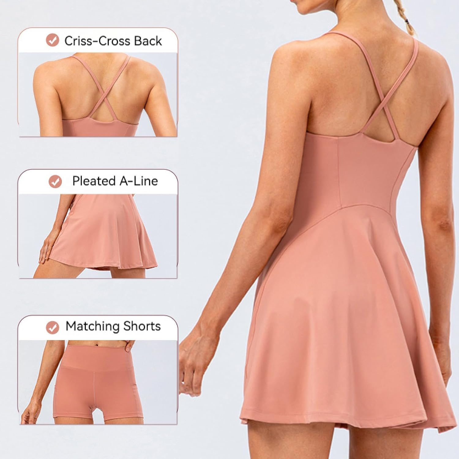 Women Tennis Dress Criss Cross Back Athletic Dress with Built-in Bra and Shorts Pockets Pleated A-Line Golf Dress