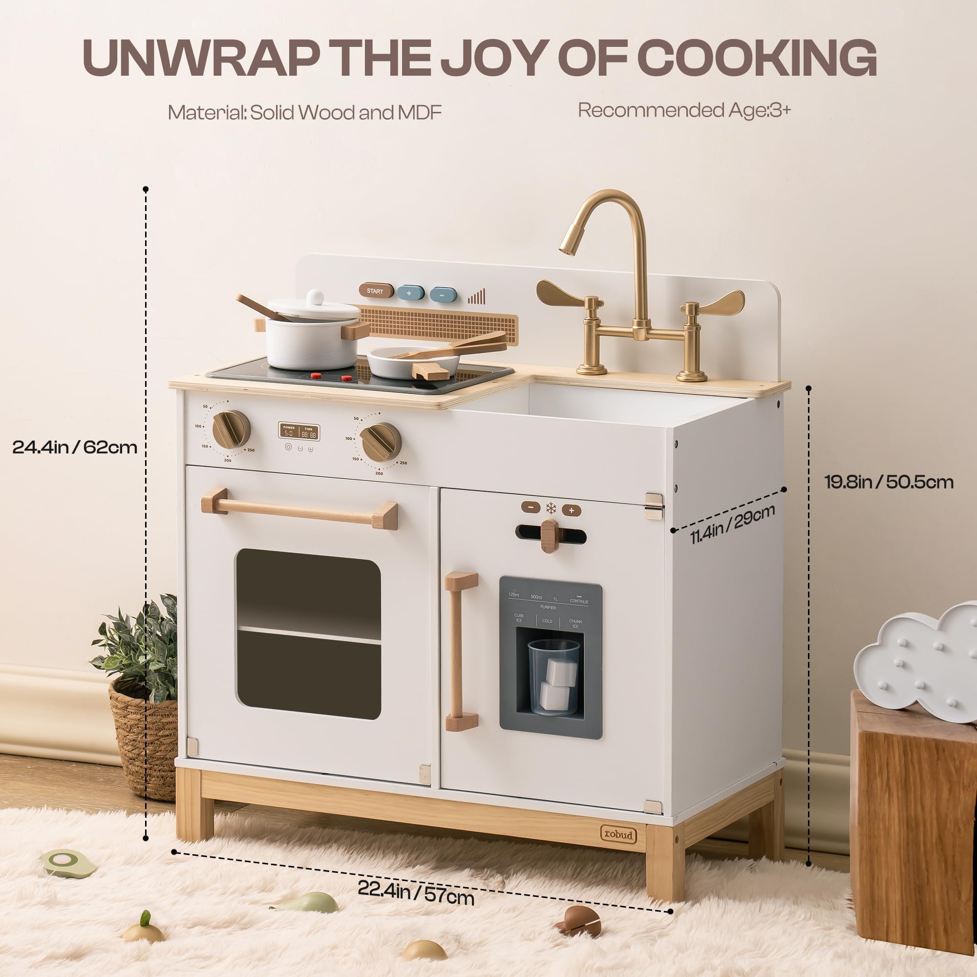 ROBUD Cuisine en Bois pour Enfants, Style Moderne, Blanc et Or, avec Four, Évier et Réfrigérateur, Accessoires de Cuisine Inclus