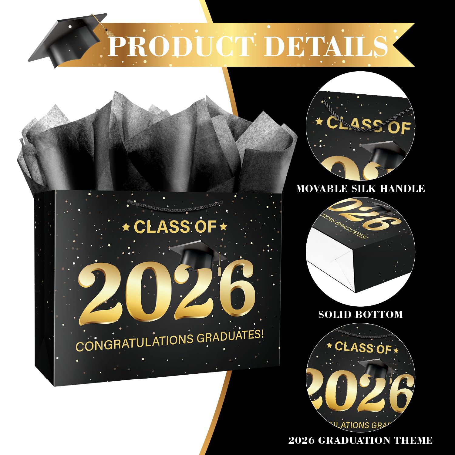 Linelglobal 2026 Graduation Gift Bag with Tissue Paper Large Congrat Grad 15.7" Black