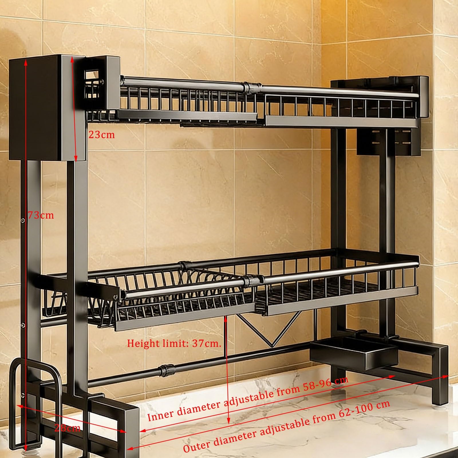 2 Tier Over Sink Dish Rack con Stazione di drenaggio Regolabile e portautensili Cucina di Grande capacità per soluzioni di Risparmio di Spazio e stoccaggio