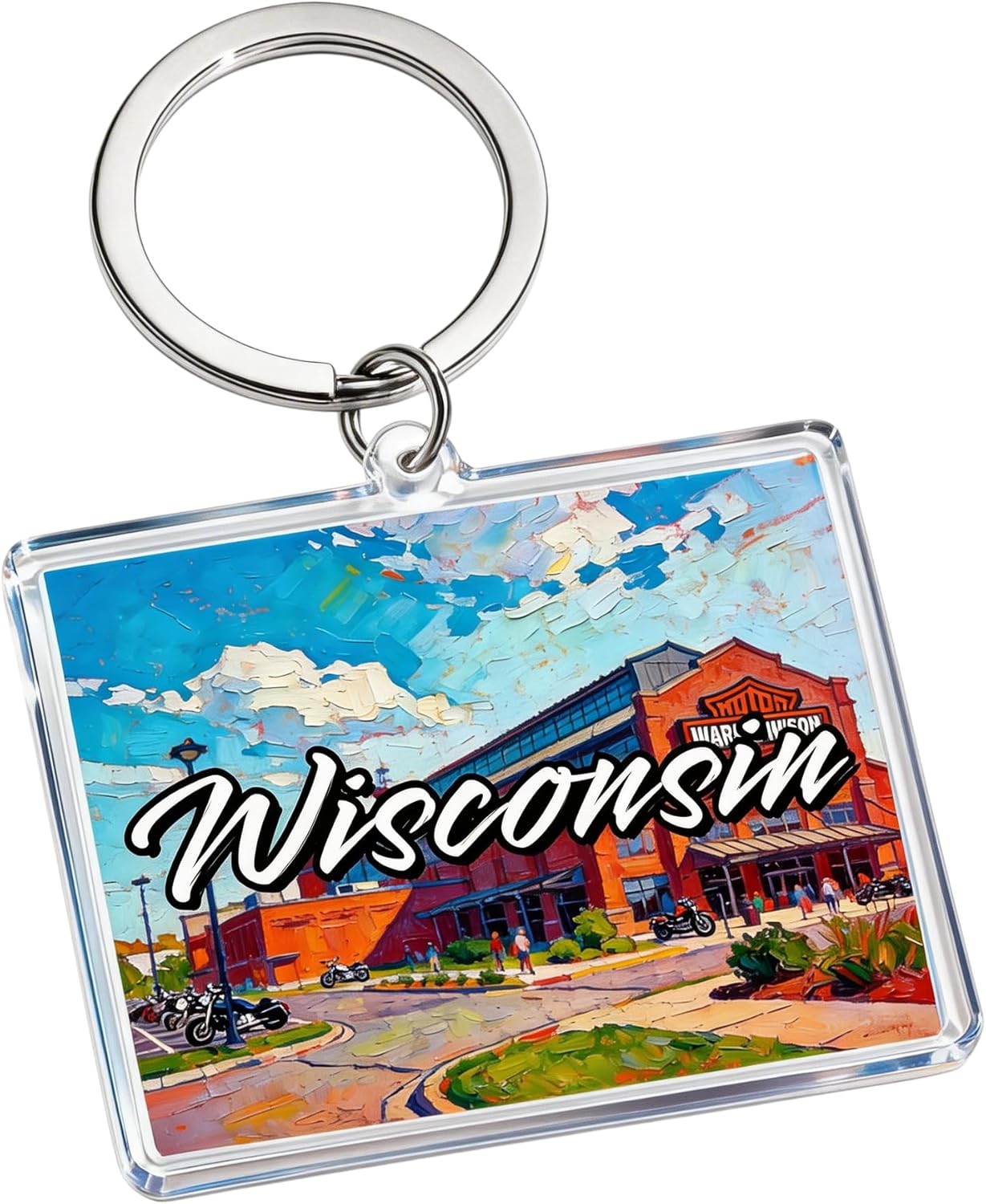 Wisconsin Acrylic Keychain, Multicolor Oil Painting Style Souvenir, 1.97 x 1.57 Inches, Lightweight Rectangle Charm with Metal Key Ring