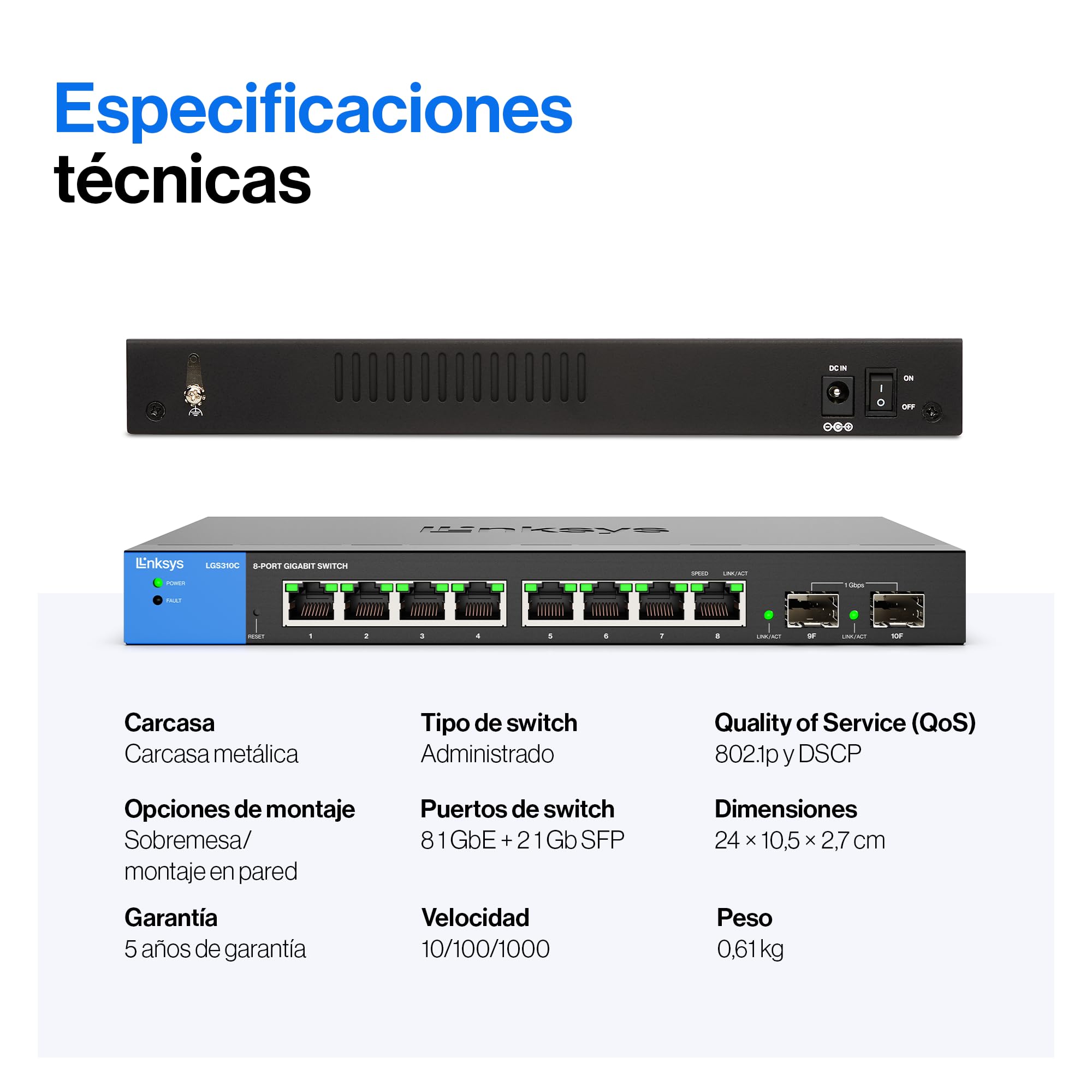 Switch Gigabit Ethernet administrado de Linksys con 8 Puertos y 2 Puertos SFP Gigabit de Enlace Ascendente (LGS310C-EU)