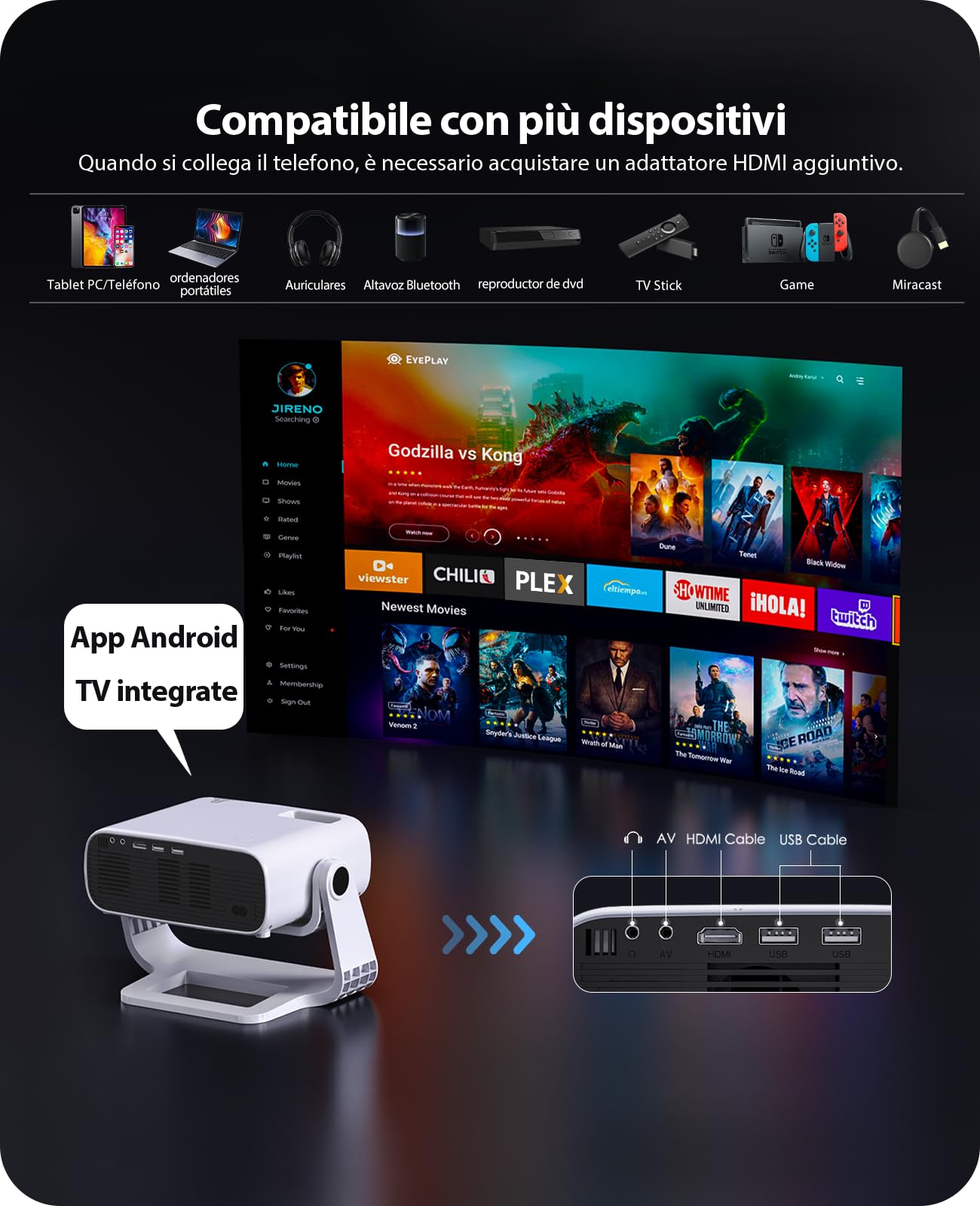 Proiettore intelligente Wielio Android 11, Supporto FHD 1080P 4K, 650 ANSI, WiFi6 & BT5.2, Basso Rumore (<30 dB), Supporto Regolabile a 120°, Correzione Trapezoidale, per Android/iOS/Switch/PS5