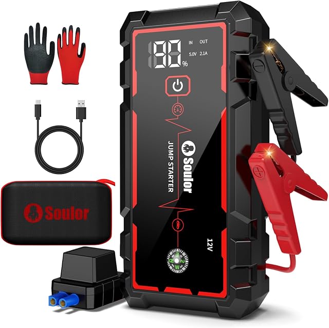Jump Starter, 5000A Car Battery Booster Pack, Jump Box Battery Booster with 3 Modes Flashlight, 14 Protections Safety Jump Cables,3-in-1 Emergency Light and Golves