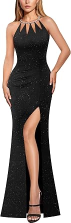 VFSHOW Womens Sexy Cut Out Beaded Halter Formal Prom Maxi Dress Ruched High Slit Cocktail Gala Ball Evening Gown