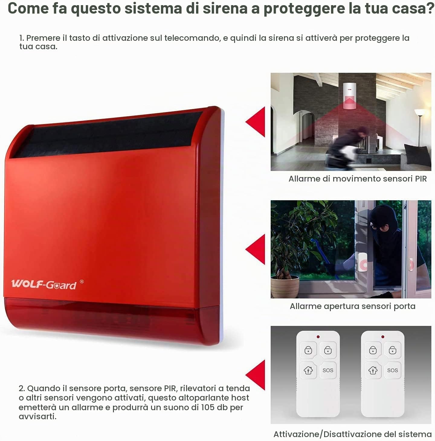 Allarme sirena solare wireless Wolf-Guard (110 dB), batteria integrata, allarme antimanomissione, allarme domestico wireless con 2 sensori di movimento, 3 sensori porta e 2 telecomandi