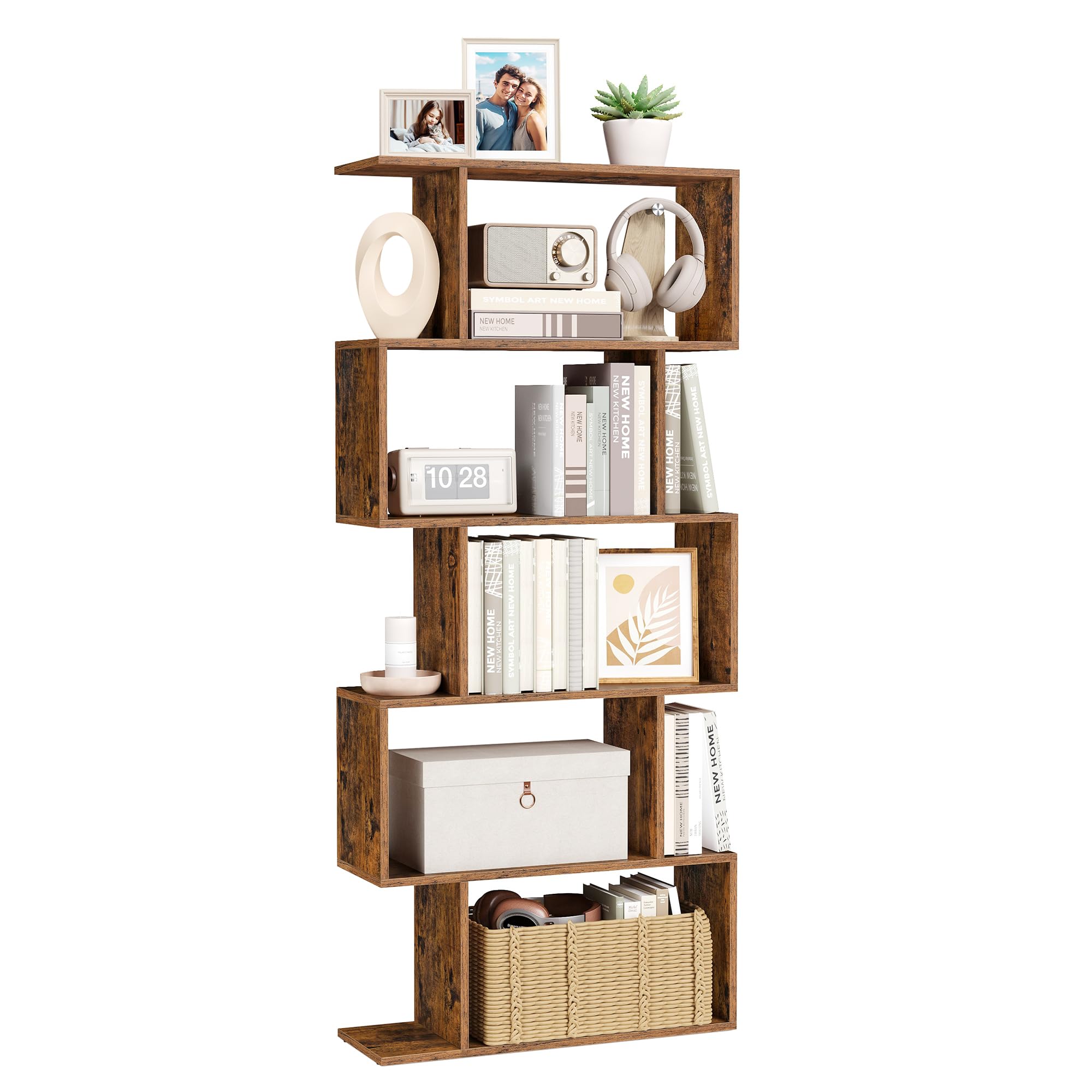 A fully assembled VASAGLE 5-Tier Bookcase in rustic brown, filled with books and decorative items in a living room setting.