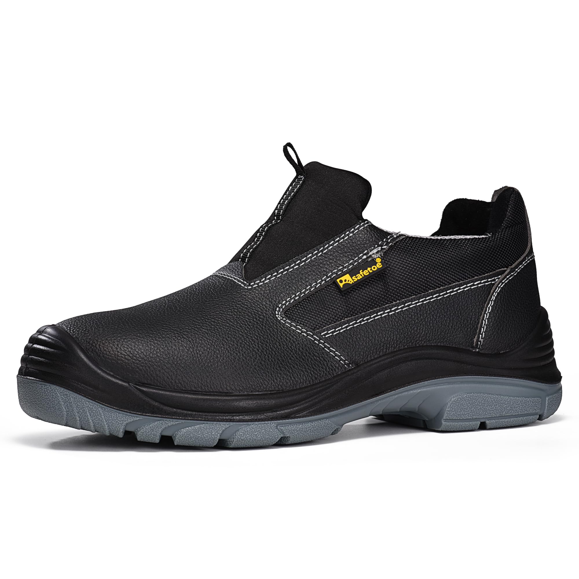 Zapatos de trabajo sin cordones para hombre, de baja altura, puntera de acero, piel de vaca, zapatos de seguridad negros con entresuela de placa de acero, tenis ligeros y cómodos para uso industrial