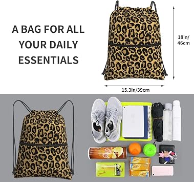 Drawstring Bag Black Leopard Yellow Drawstring Zipper Backpack Water Resistant String Bag Sports Sackpack Gym Sack With Side Pocket For Men Women