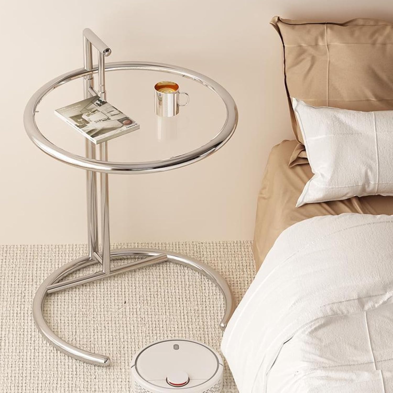 Round Glass Side Table, Stainless Steel Side End Table, Round Snack Side Table, Nightstand with Tempered Glass Top, C-Shaped Side Table for Couch,Living Room,Bedroom,Clear