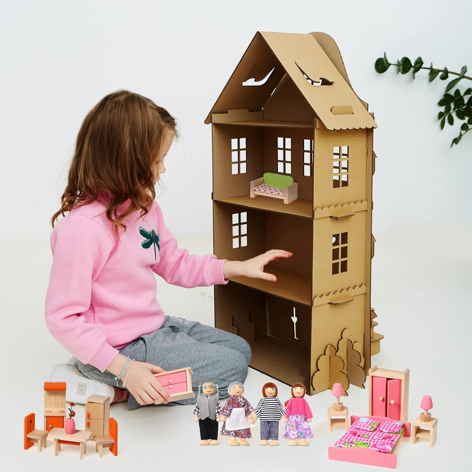 Civaner 52 Pcs Wooden Dollhouse Furniture Set Including 8 Family Dolls Miniature Doll House Accessories 1:12 Scale 5 Space Kits Bathroom Bedroom Living Room Dining Room Kitchen Gift for Christmas